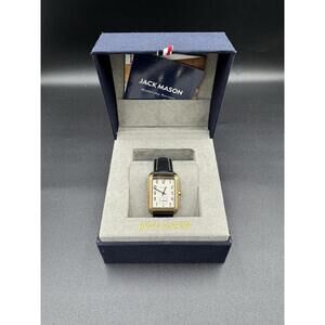 Jack Mason Issue No. 2 Heritage Rectangular Gold Tone Watch Black Leather #431B